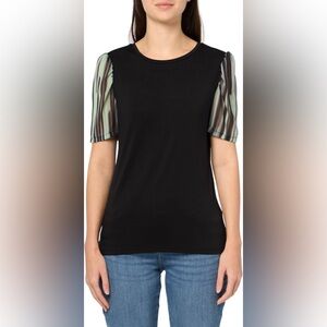 DKNY Black Top with Green Striped Sleeves